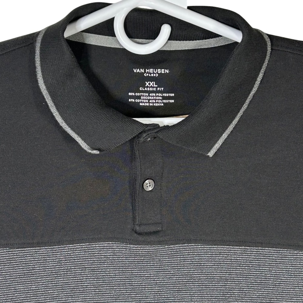 Van Heusen Flex 2XL Classic Fit Black Gray Striped Long Sleeve Polo Shirt